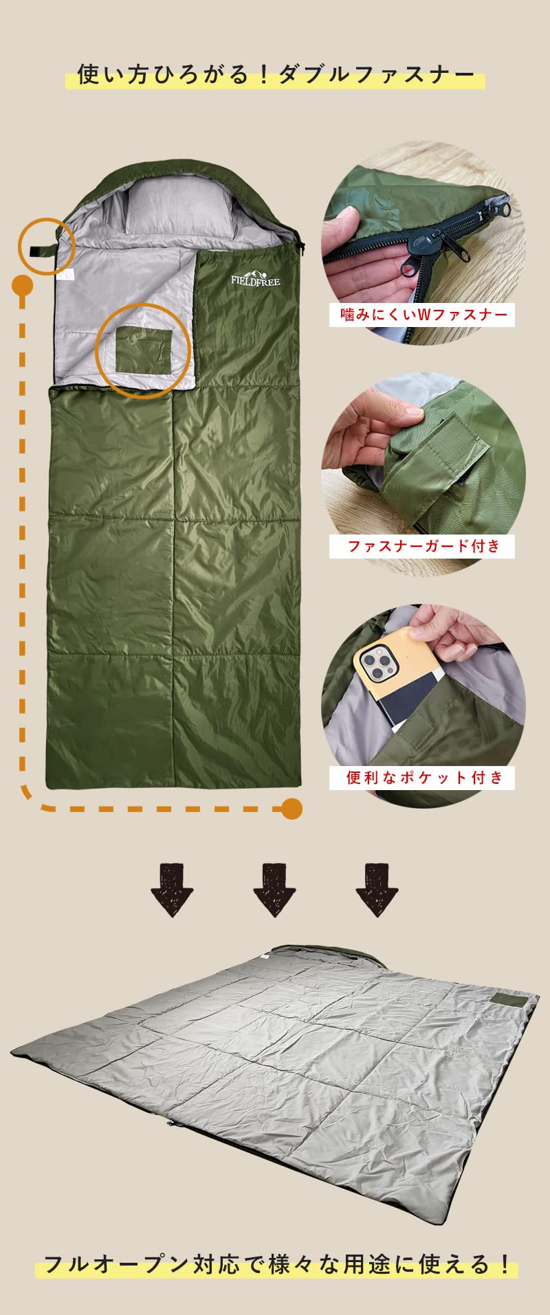 洗濯可能  秋冬対応 枕付き ワイド寝袋 迷彩 キャンプ シュラフ アウトドア 寝袋 冬 シュラフ コンパクト 枕付き オールシーズン 洗える